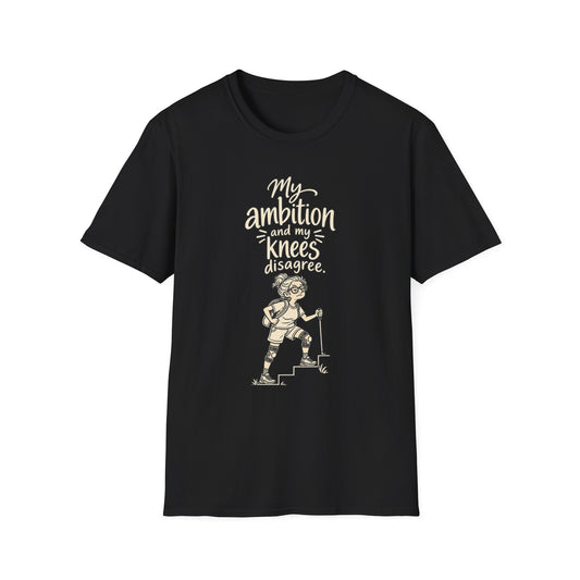 Funny Fitness T-Shirt — “My Ambition and My Knees Disagree” Workout Tee