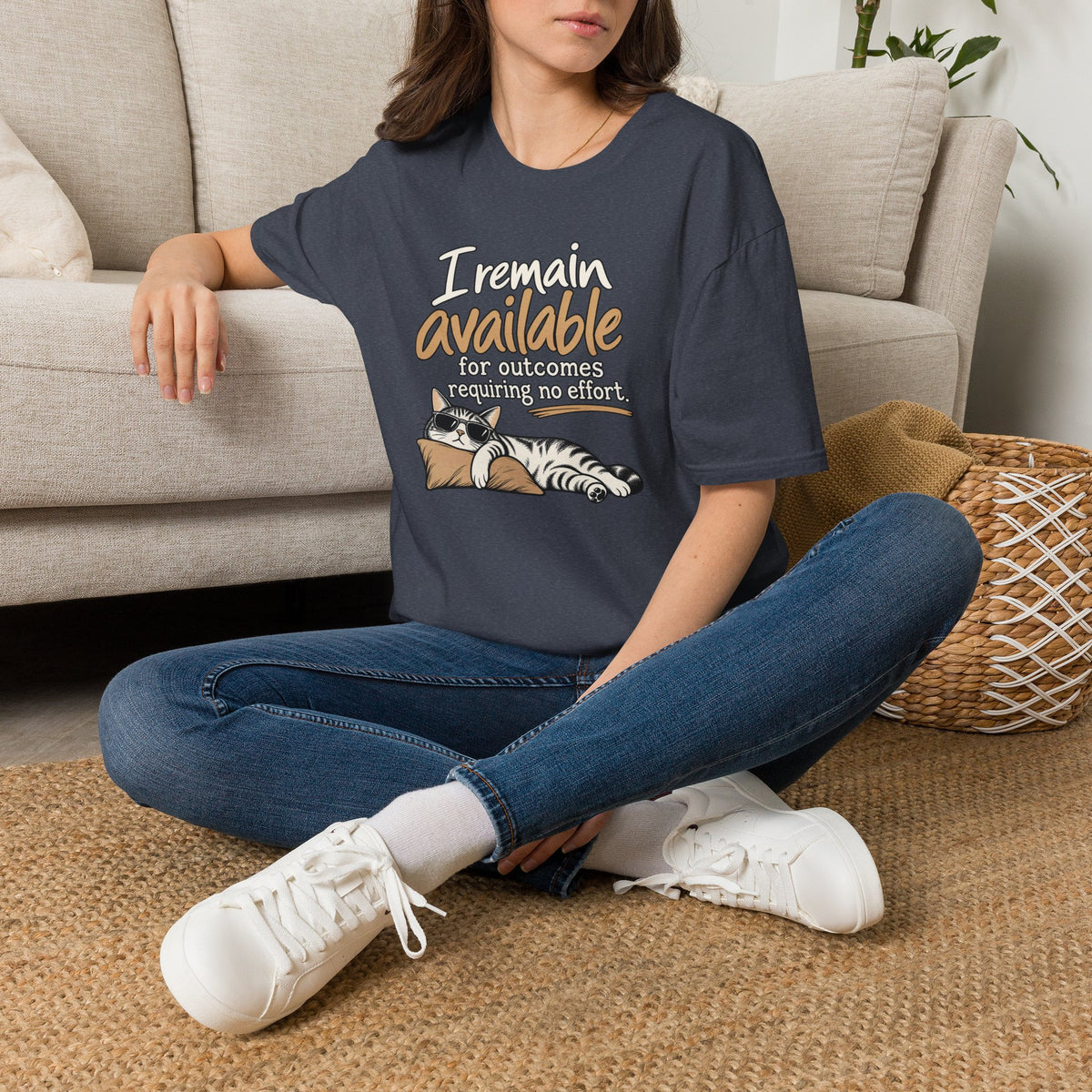 I Remain Available T‑Shirt — Lazy Cat Graphic Tee for Cat Lovers