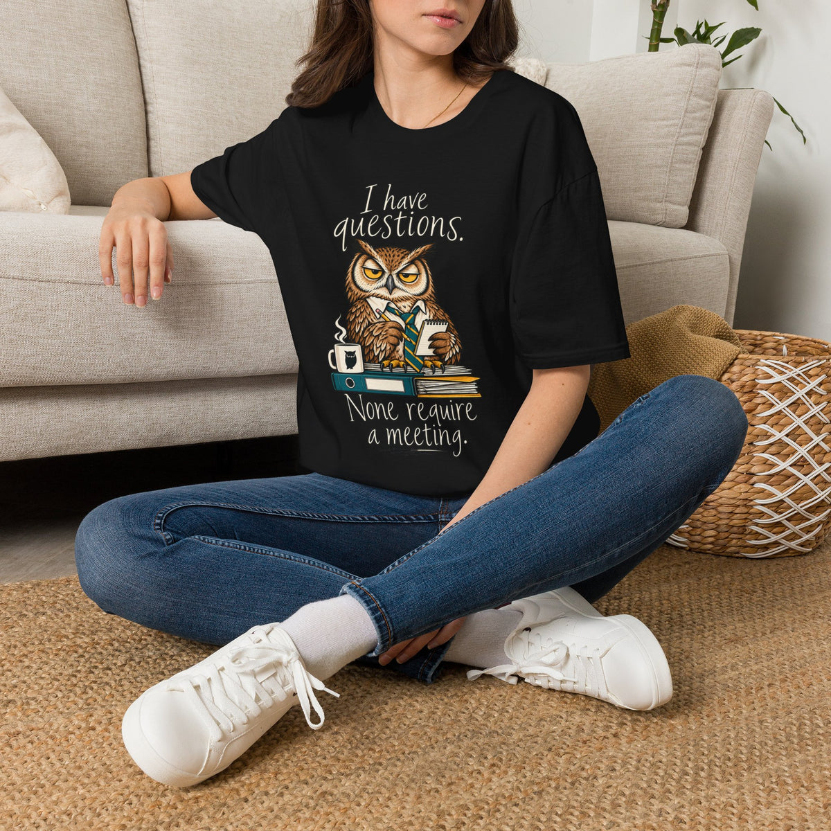 I Have Questions Owl T‑Shirt — Funny Coffee & Meeting Graphic Tee