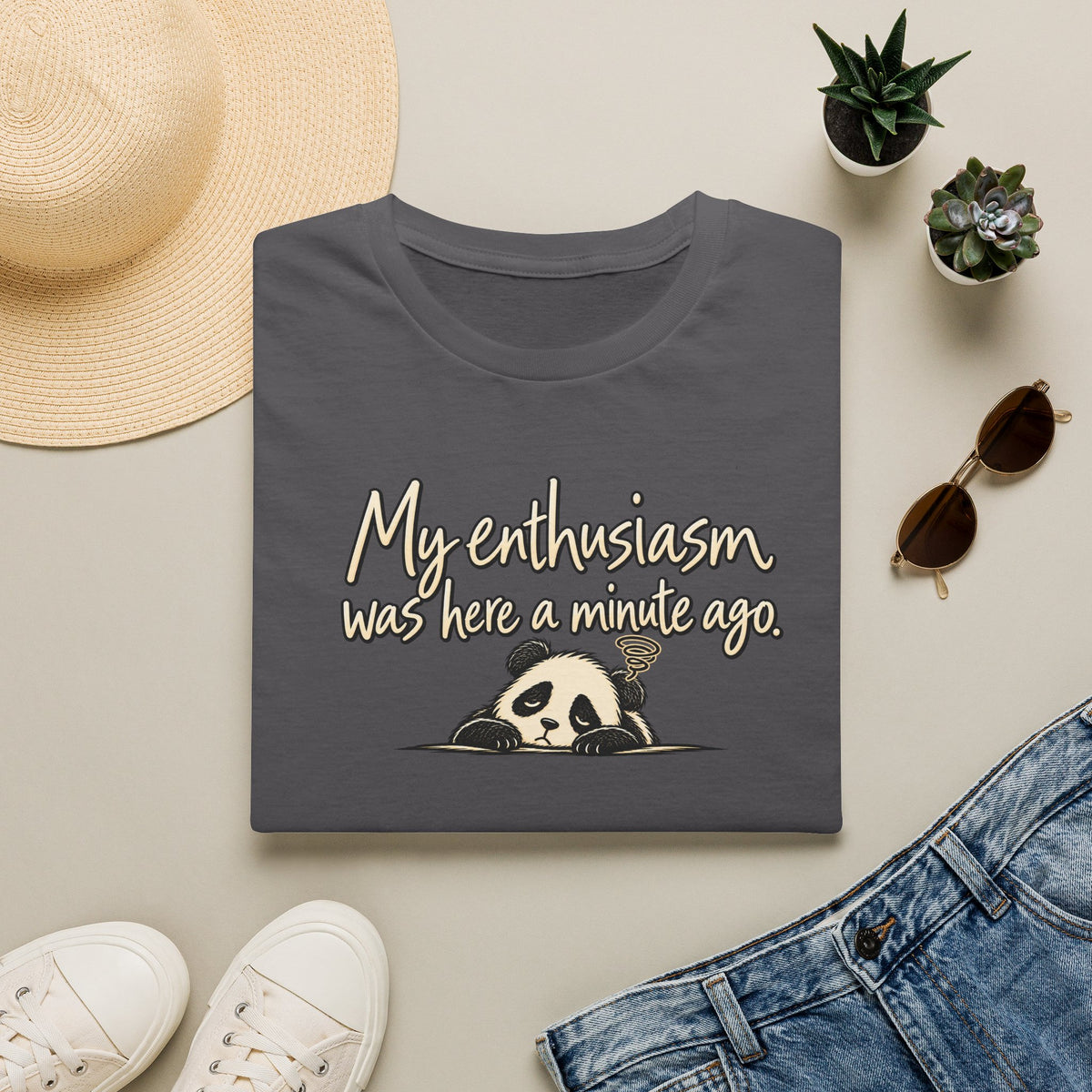 My Enthusiasm Was Here A Minute Ago T‑Shirt — Cute Sleepy Panda Graphic Tee