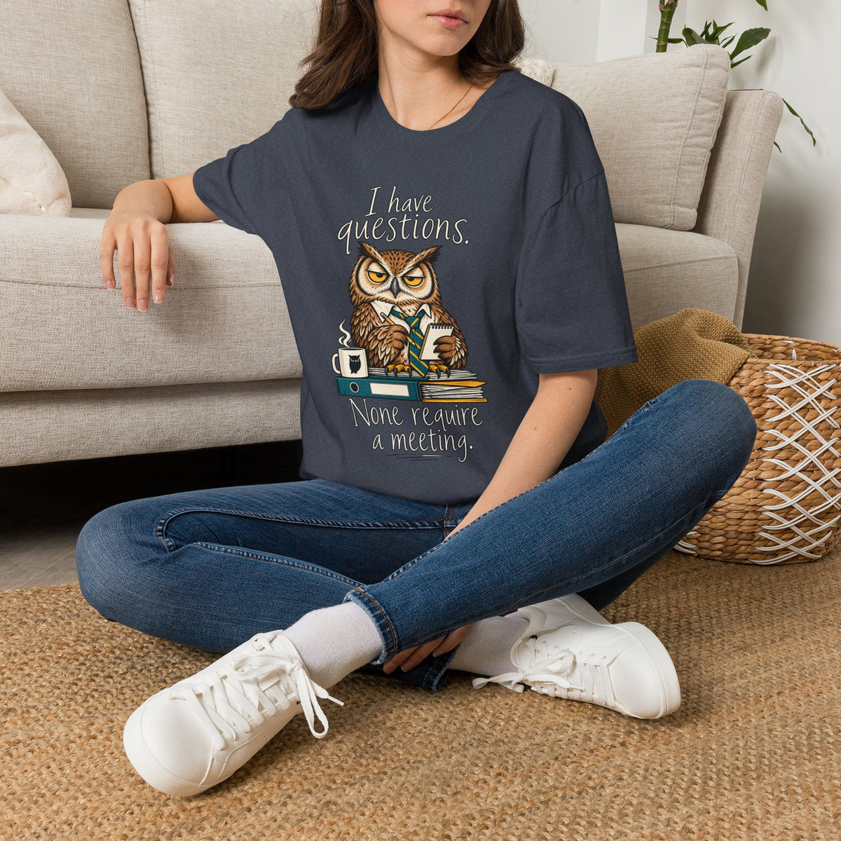 I Have Questions Owl T‑Shirt — Funny Coffee & Meeting Graphic Tee