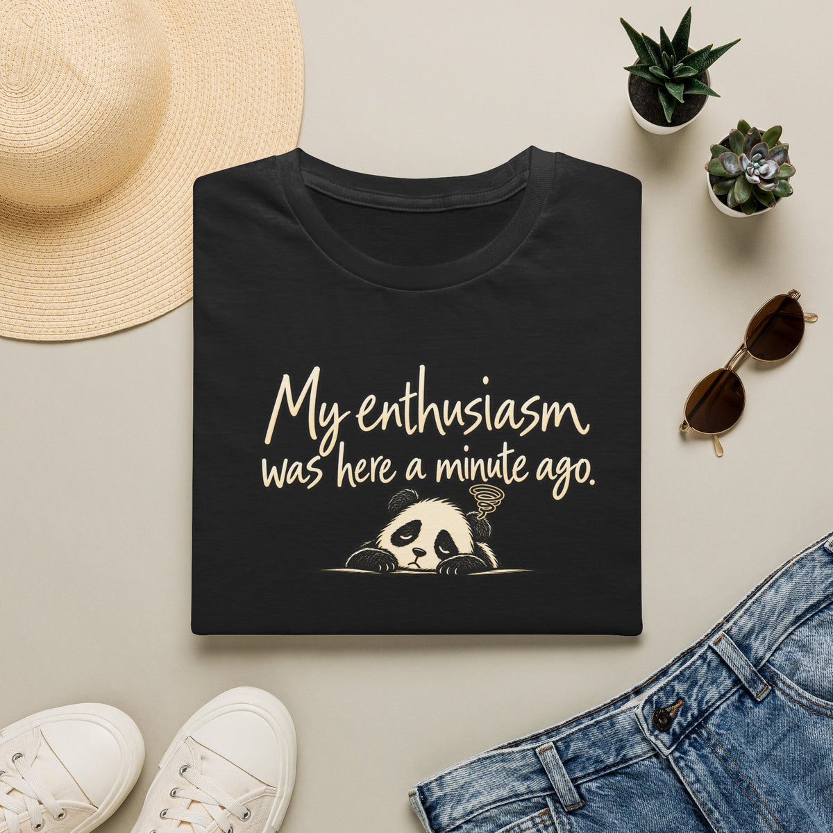 My Enthusiasm Was Here A Minute Ago T‑Shirt — Cute Sleepy Panda Graphic Tee
