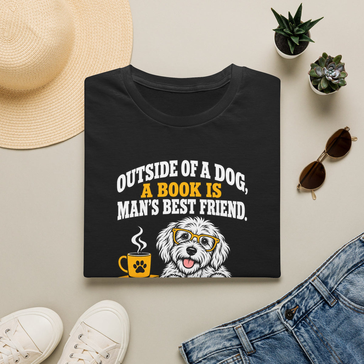 T-Shirt — "Outside of a Dog, A Book Is Man's Best Friend" Dog & Book Graphic Tee