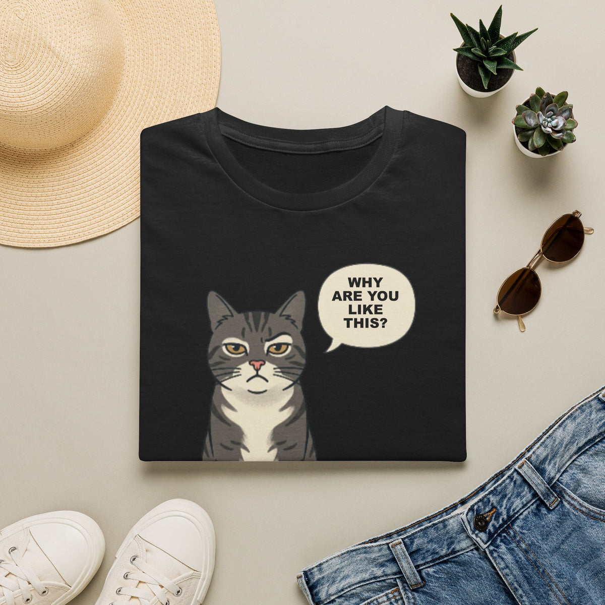 Funny Cat T-Shirt — Cute Tabby Saying "Why Are You Like This?"