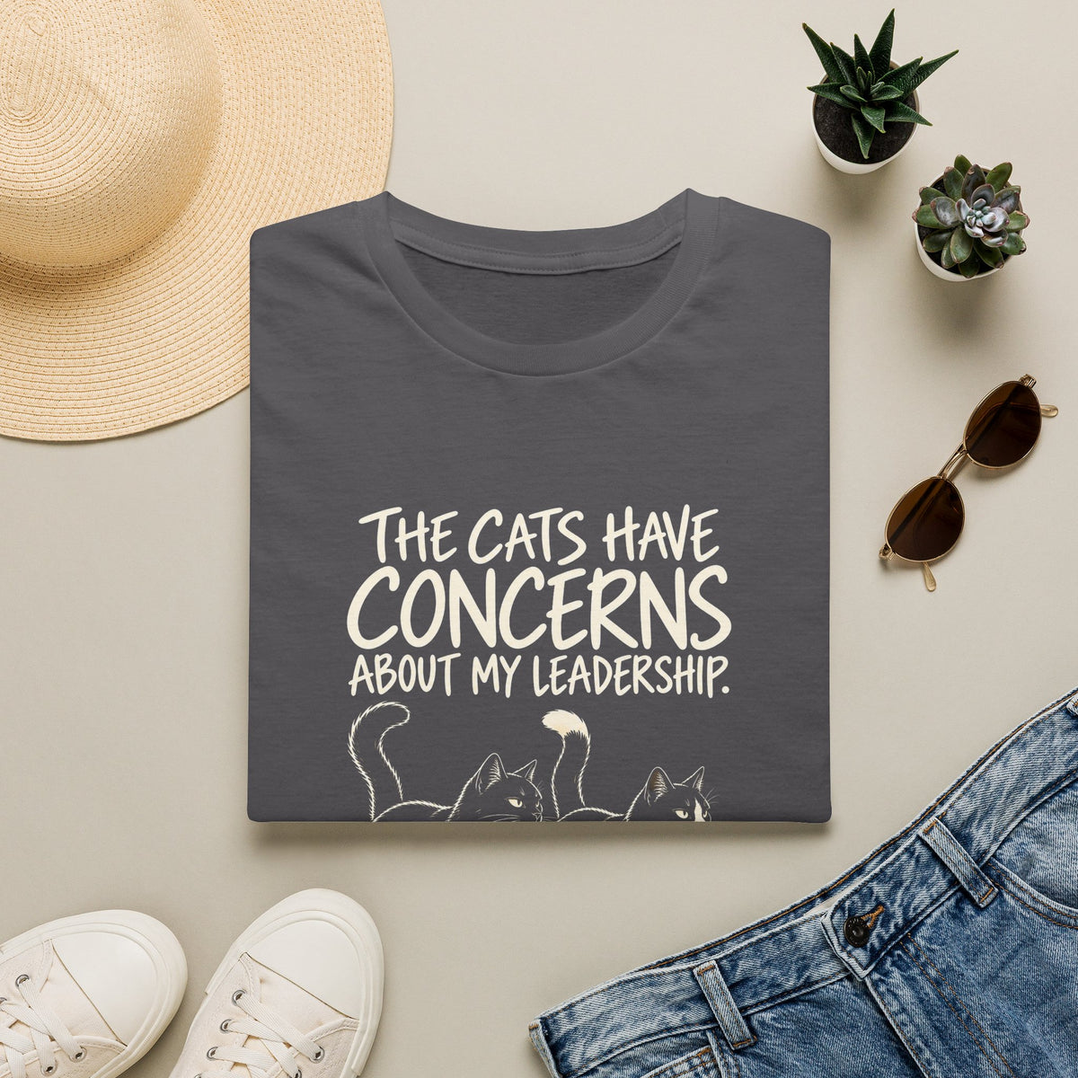 Cat Humor T-Shirt — "The Cats Have Concerns About My Leadership" Cute Cat Lover Tee