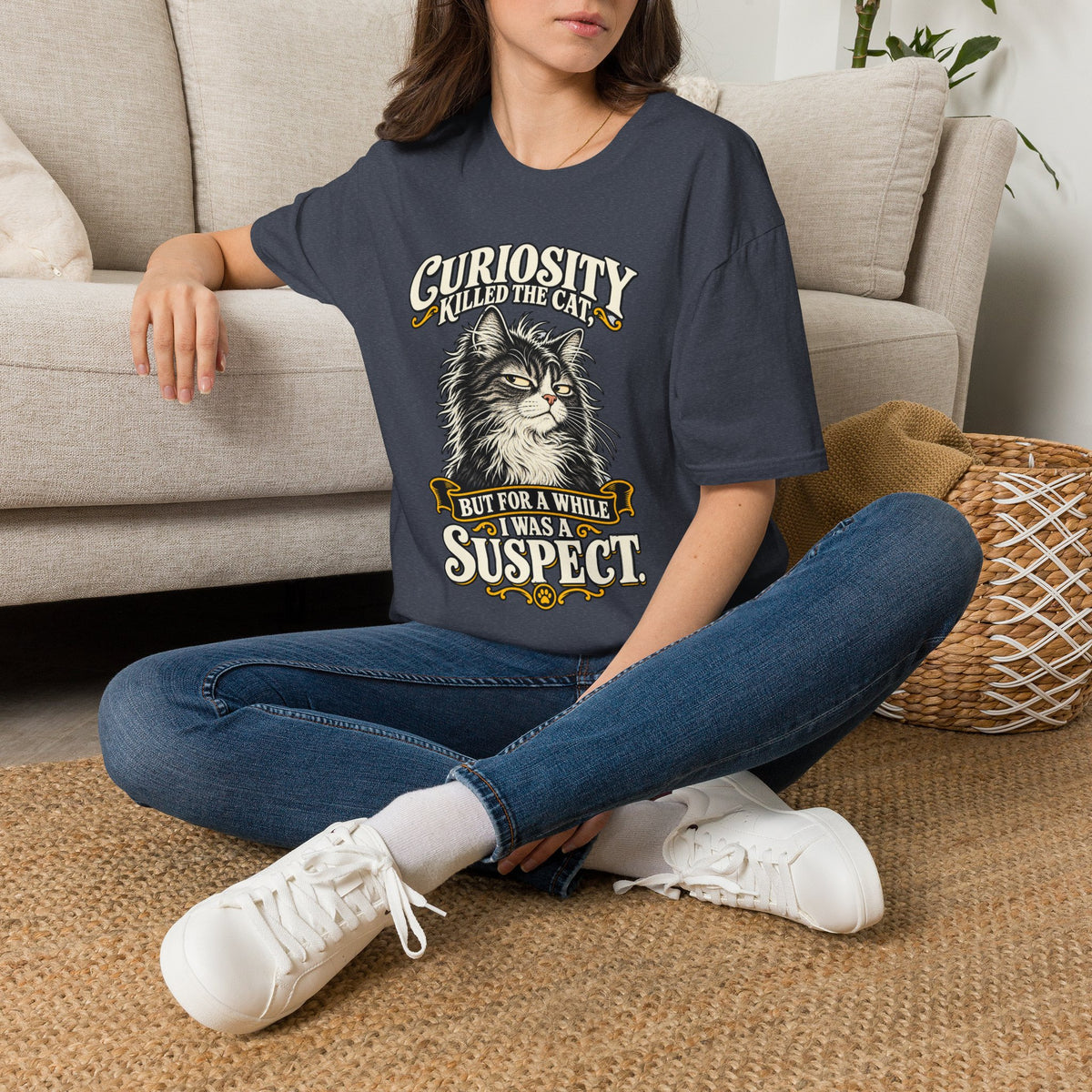 Curiosity Killed the Cat Graphic T-Shirt — "But For A While I Was A Suspect" Cat Tee