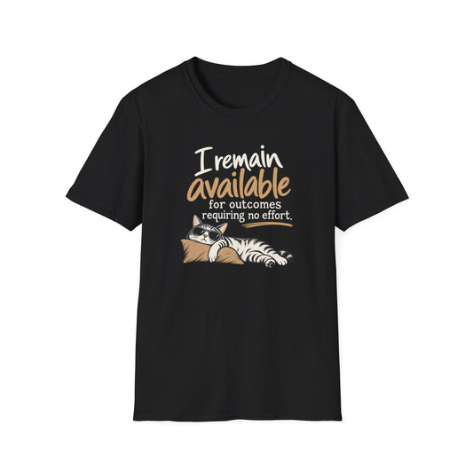 I Remain Available T‑Shirt — Lazy Cat Graphic Tee for Cat Lovers