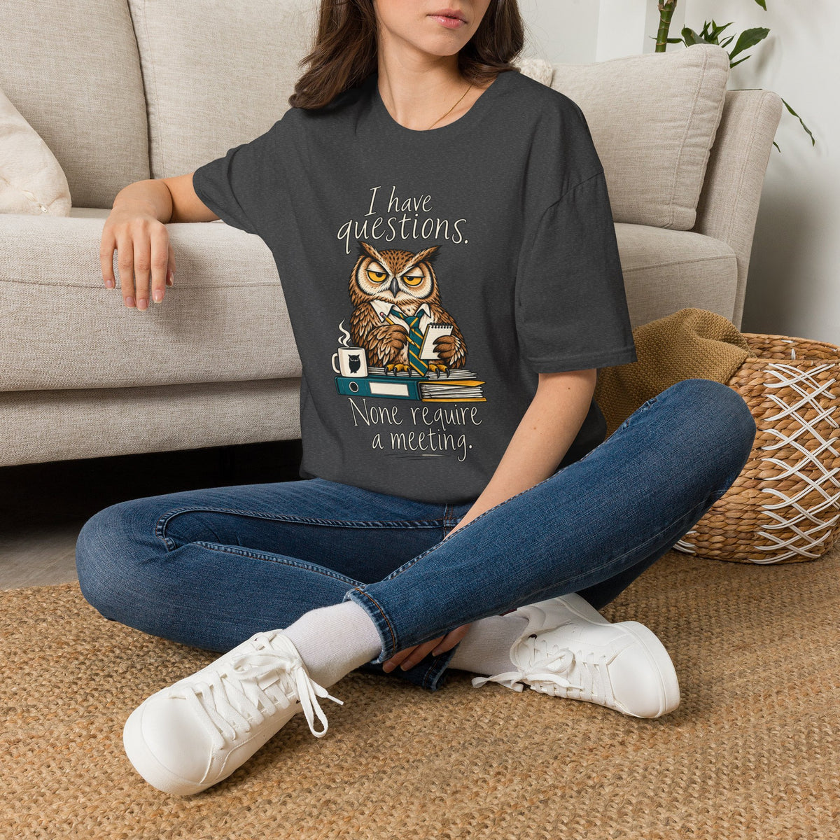 I Have Questions Owl T‑Shirt — Funny Coffee & Meeting Graphic Tee