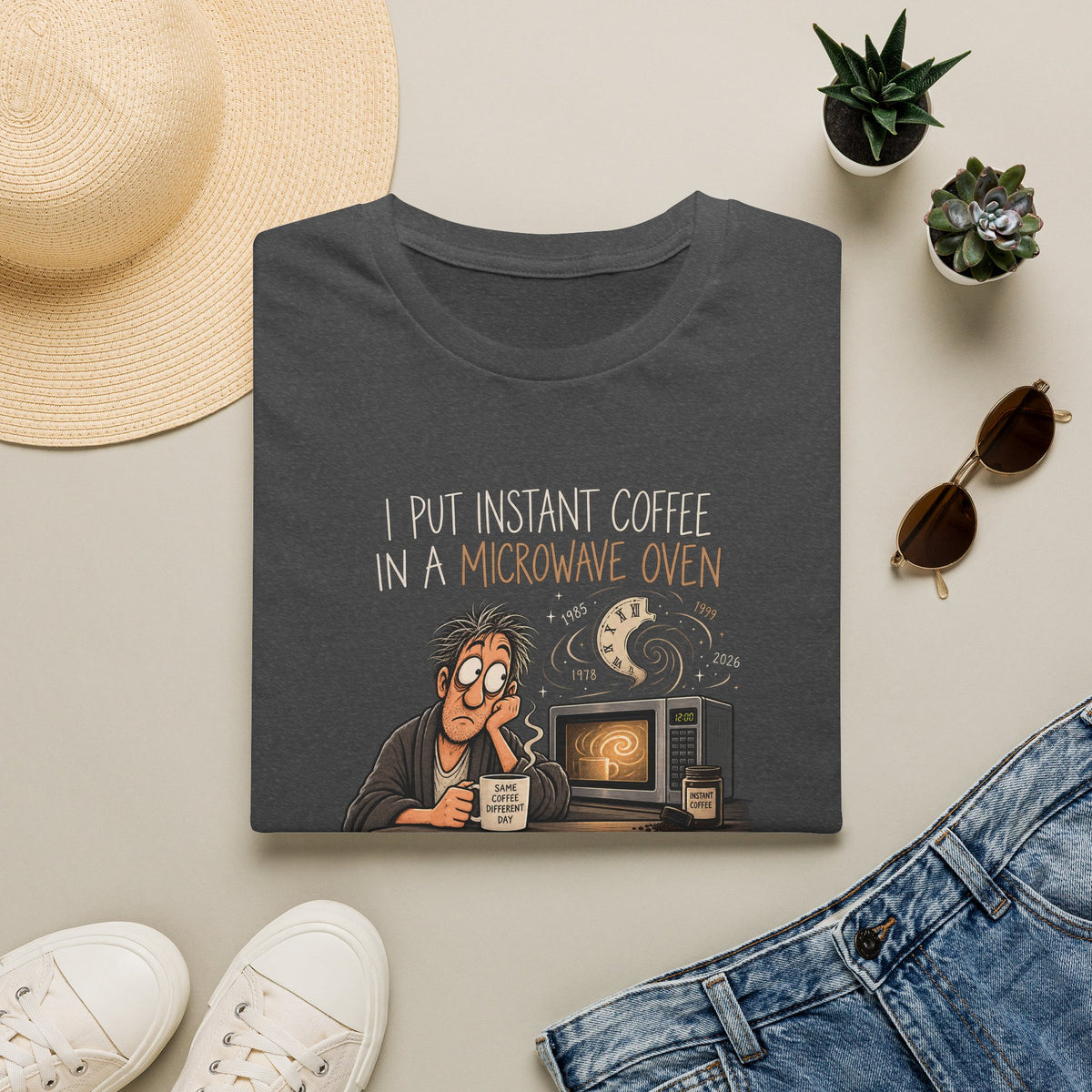 Coffee Time Travel T-Shirt — "I Put Instant Coffee in a Microwave Oven and Almost Went Back in Time" Funny Retro Tee