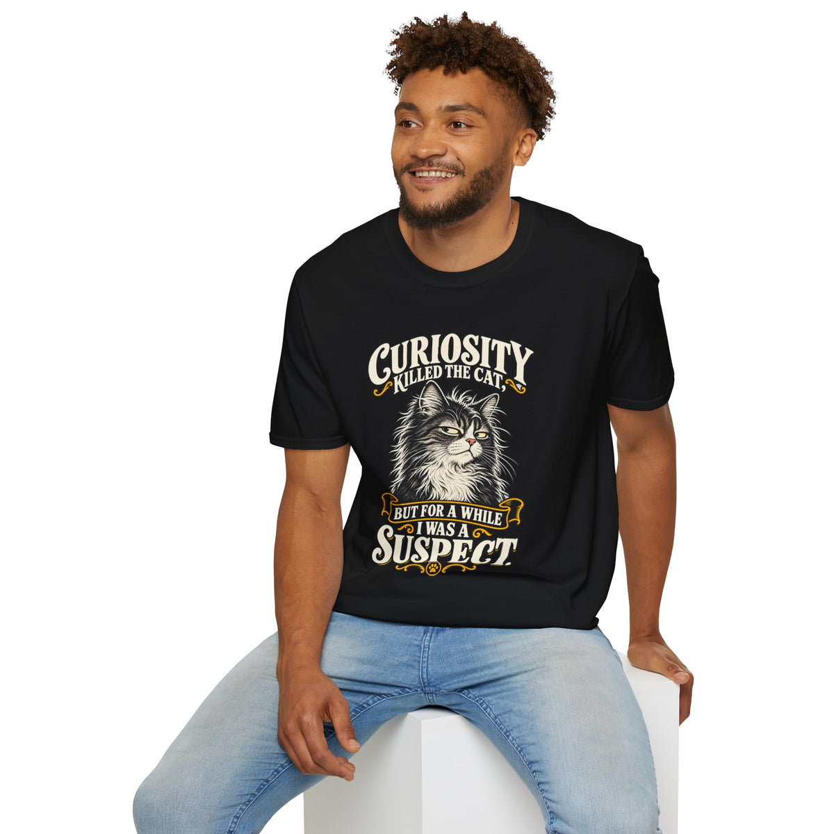 Curiosity Killed the Cat Graphic T-Shirt — "But For A While I Was A Suspect" Cat Tee