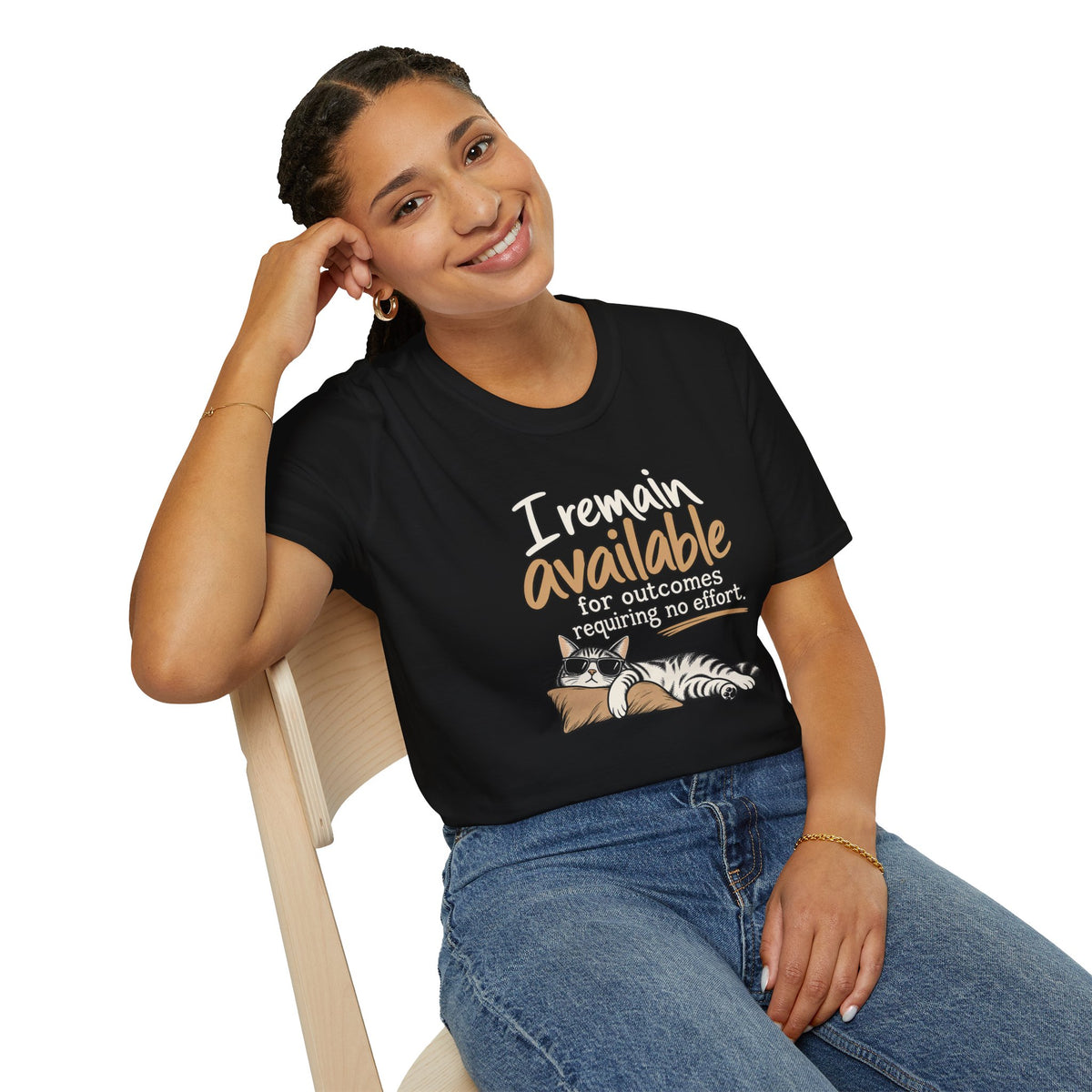 I Remain Available T‑Shirt — Lazy Cat Graphic Tee for Cat Lovers