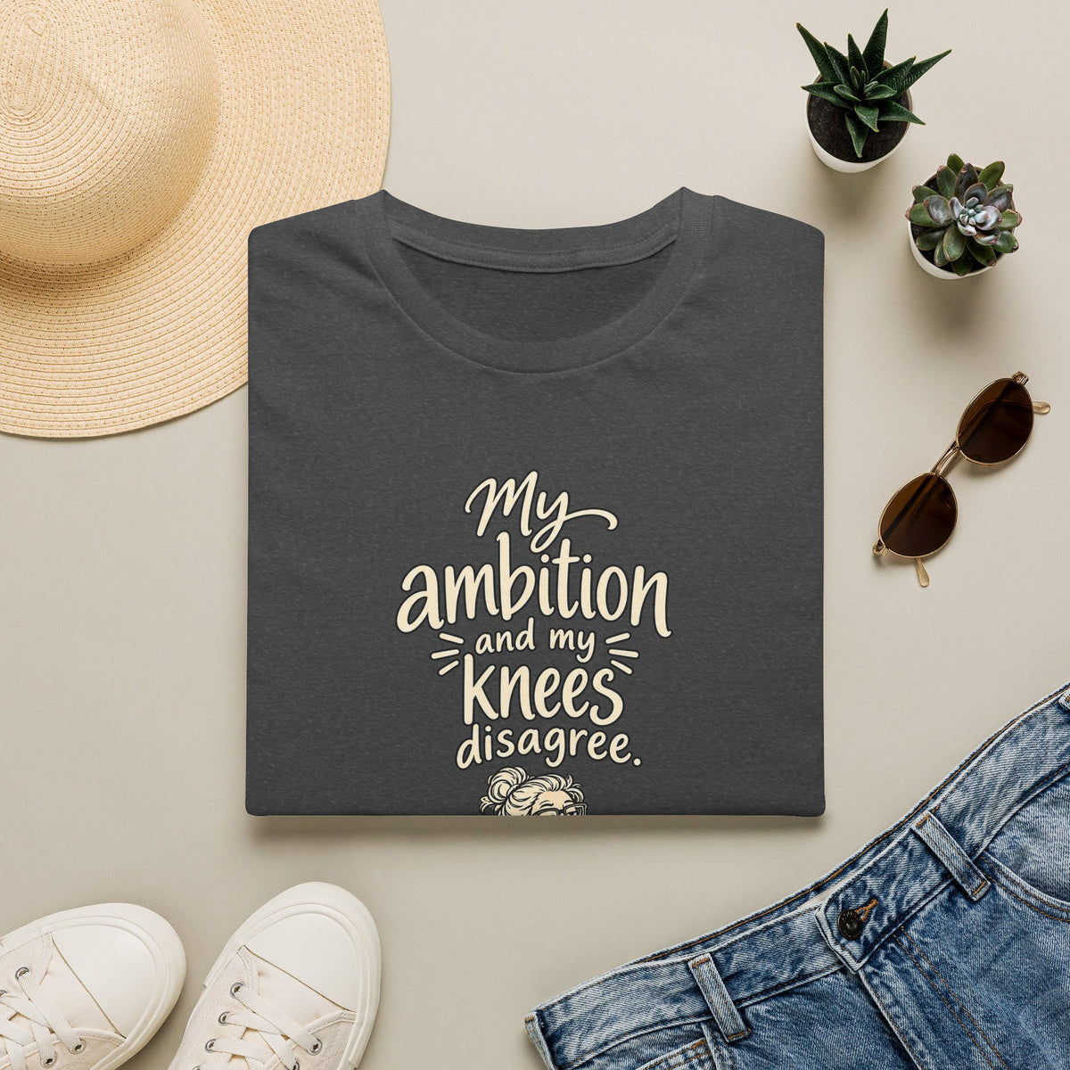 Funny Fitness T-Shirt — “My Ambition and My Knees Disagree” Workout Tee