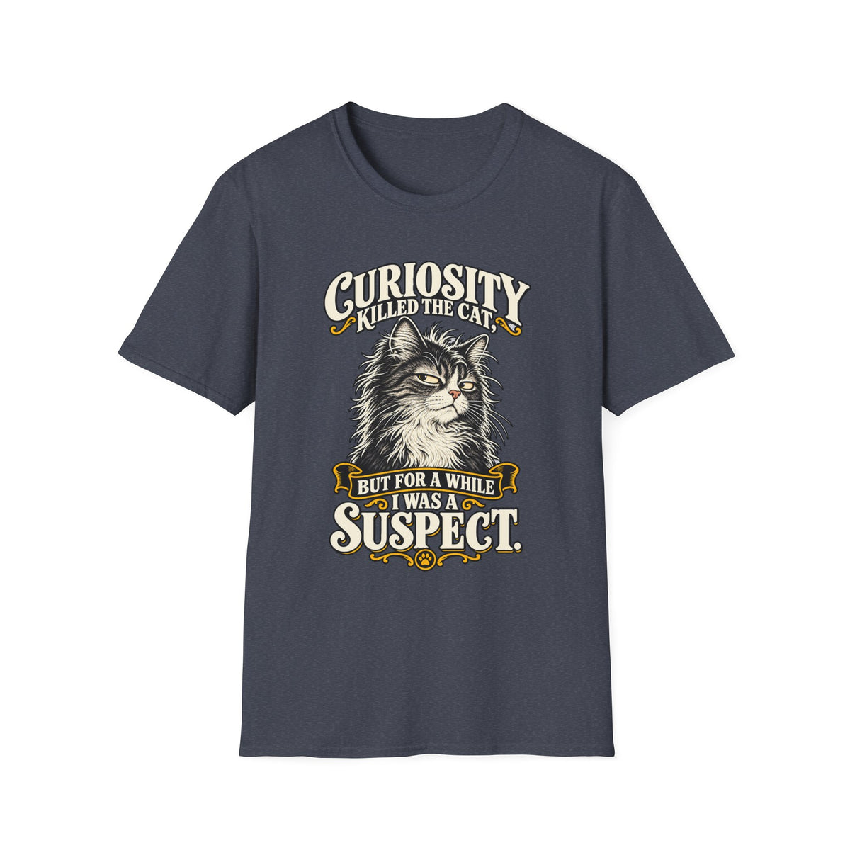 Curiosity Killed the Cat Graphic T-Shirt — "But For A While I Was A Suspect" Cat Tee