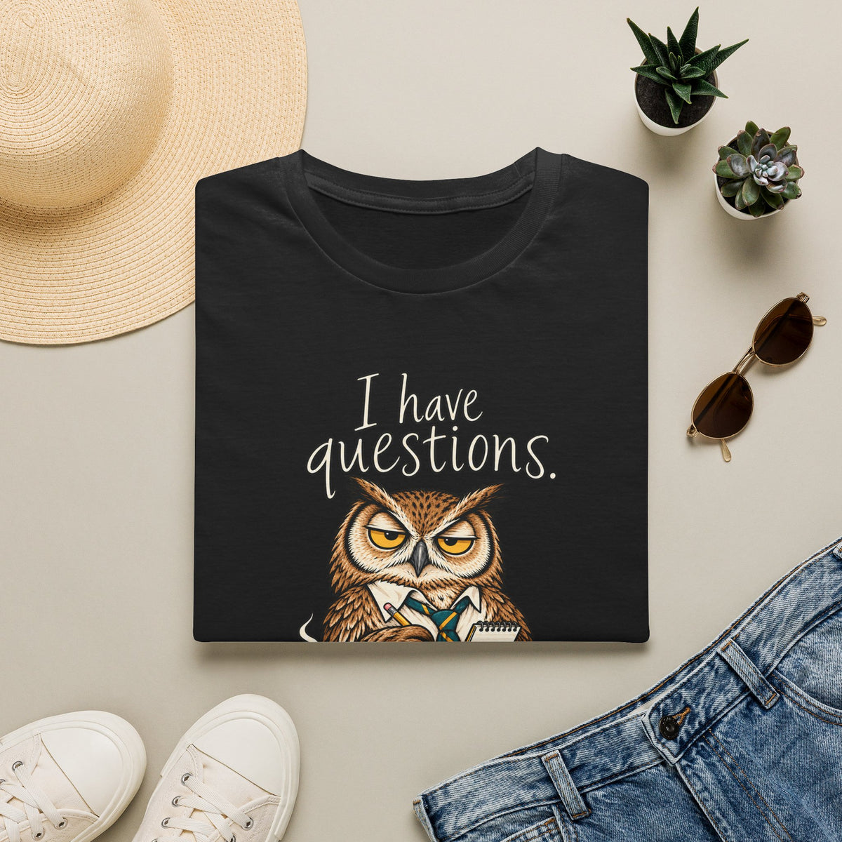 I Have Questions Owl T‑Shirt — Funny Coffee & Meeting Graphic Tee