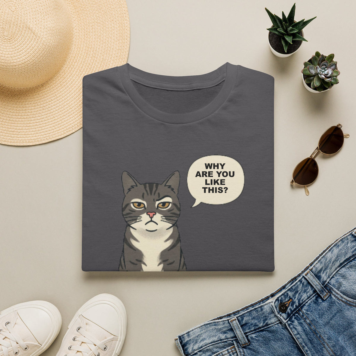 Funny Cat T-Shirt — Cute Tabby Saying "Why Are You Like This?"