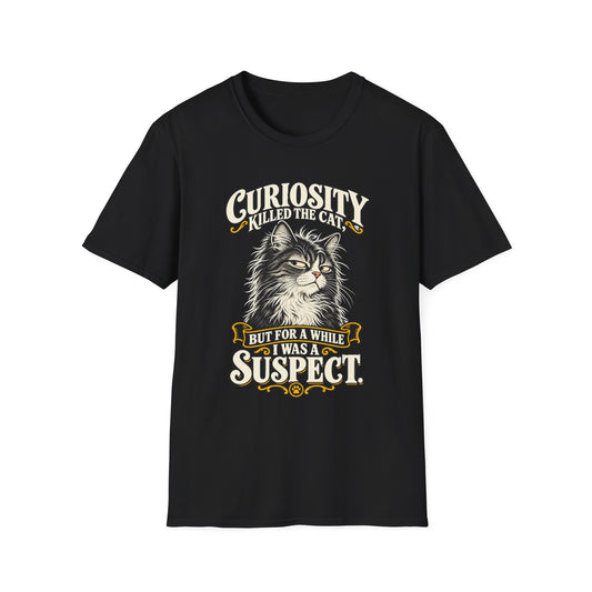 Curiosity Killed the Cat Graphic T-Shirt — "But For A While I Was A Suspect" Cat Tee