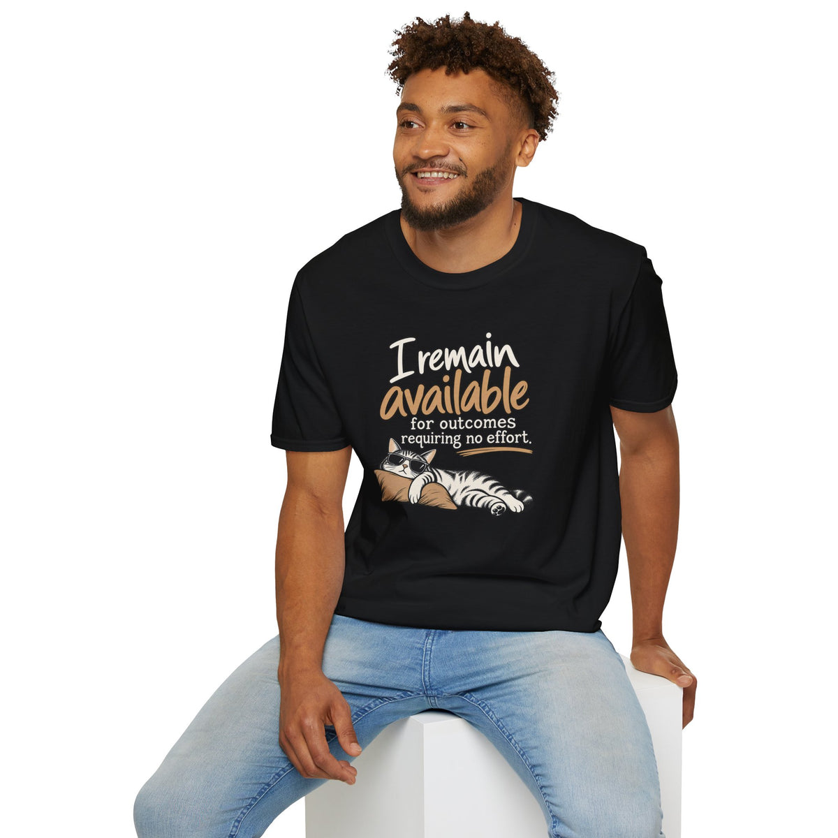 I Remain Available T‑Shirt — Lazy Cat Graphic Tee for Cat Lovers
