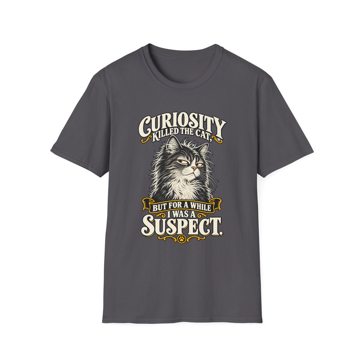 Curiosity Killed the Cat Graphic T-Shirt — "But For A While I Was A Suspect" Cat Tee