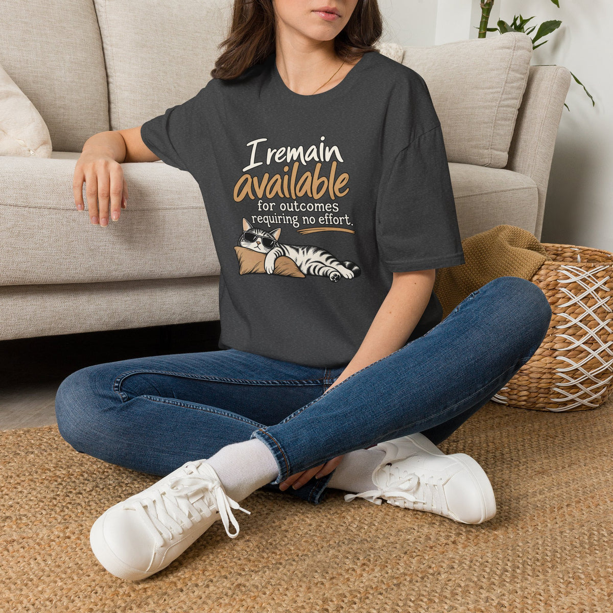 I Remain Available T‑Shirt — Lazy Cat Graphic Tee for Cat Lovers