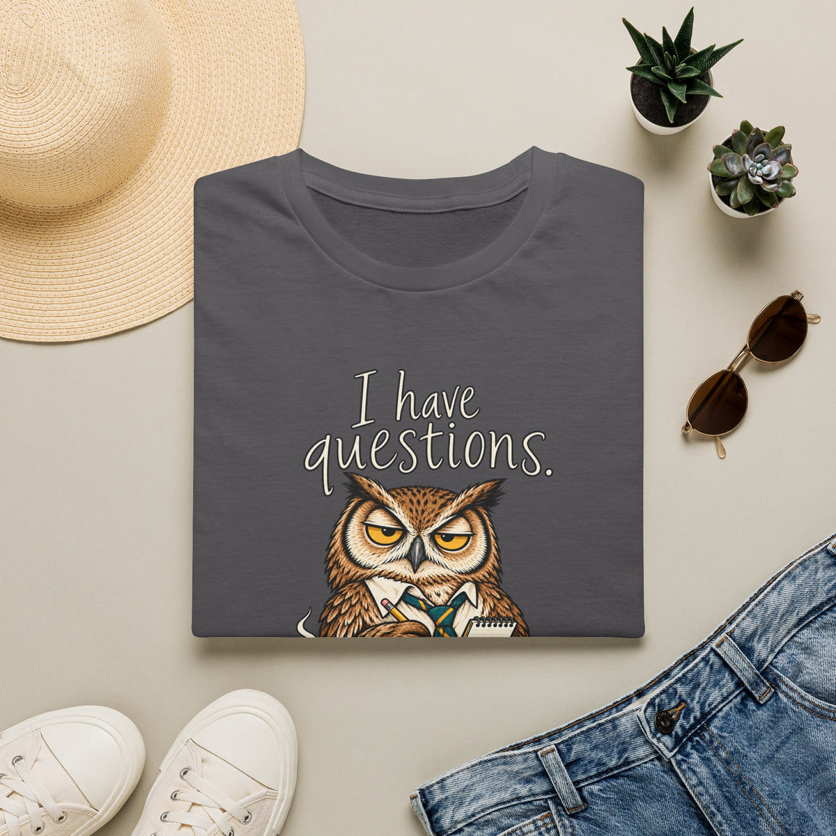I Have Questions Owl T‑Shirt — Funny Coffee & Meeting Graphic Tee