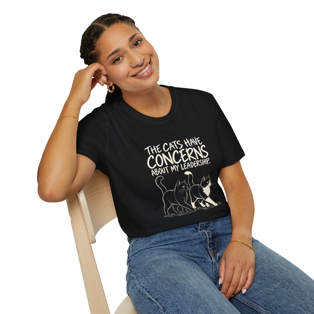 Cat Humor T-Shirt — "The Cats Have Concerns About My Leadership" Cute Cat Lover Tee