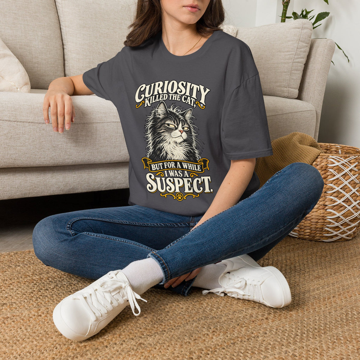 Curiosity Killed the Cat Graphic T-Shirt — "But For A While I Was A Suspect" Cat Tee