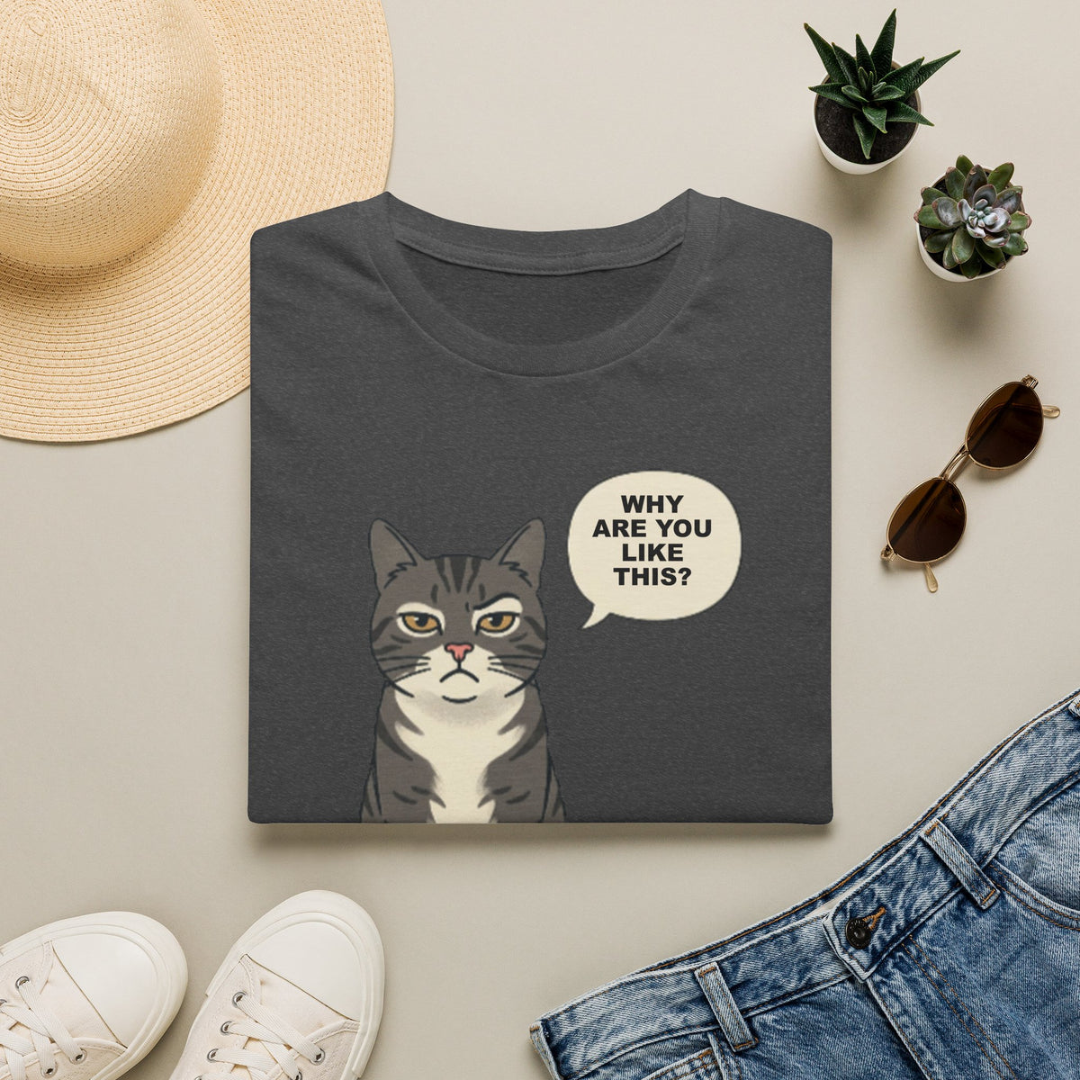 Funny Cat T-Shirt — Cute Tabby Saying "Why Are You Like This?"