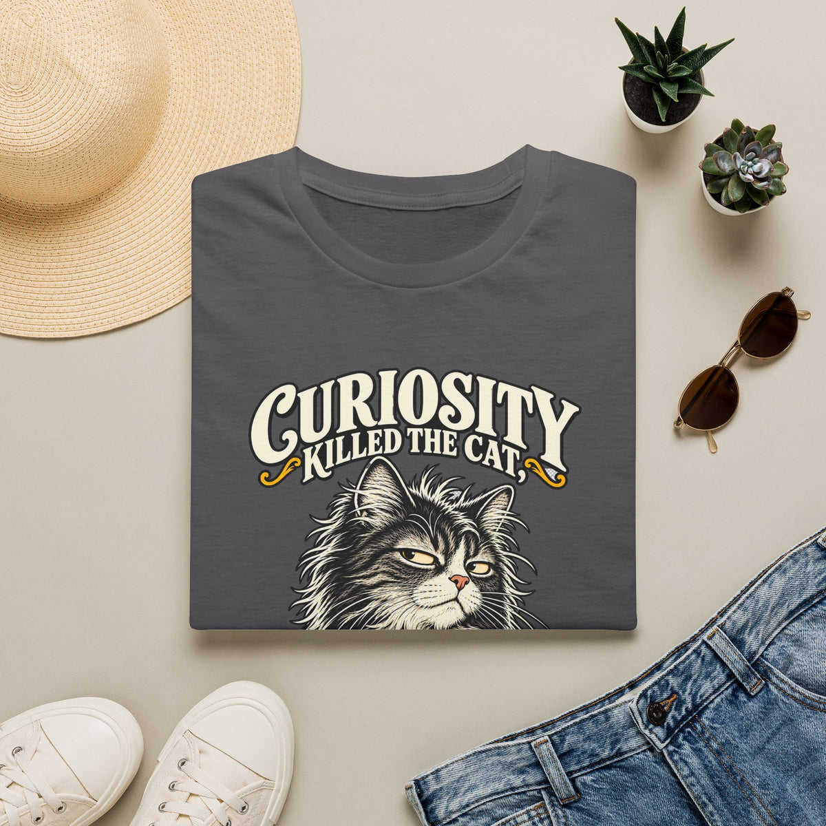 Curiosity Killed the Cat Graphic T-Shirt — "But For A While I Was A Suspect" Cat Tee